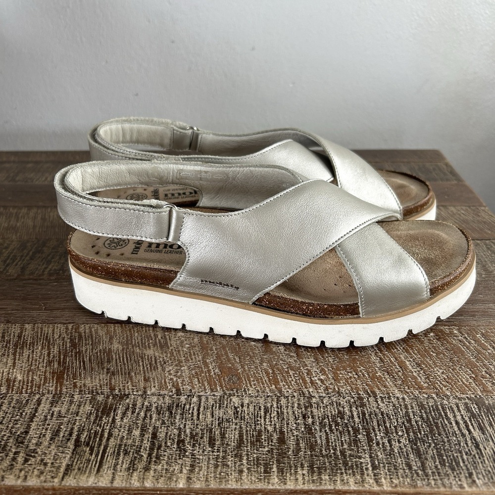 Mephisto Mobils Tally Sandals 41 EU 11 US Resort Leather Cork Metallic Sand - Picture 3 of 9
